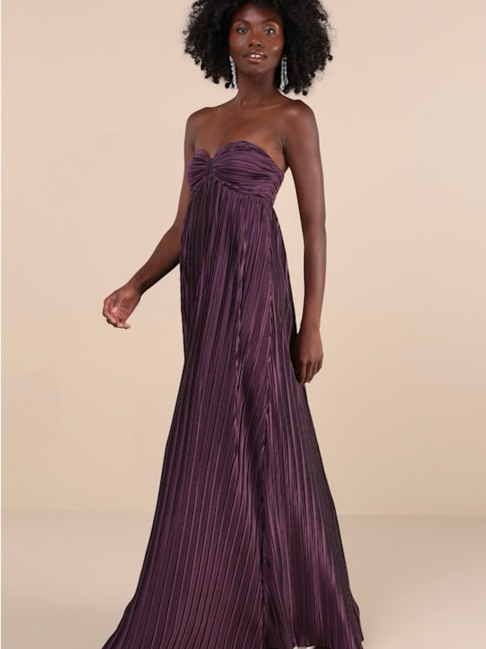 Lulus Whimsical Beauty Satin Pleated Plisse Strapless Maxi Dress Dark Purple - Picture 15 of 16
